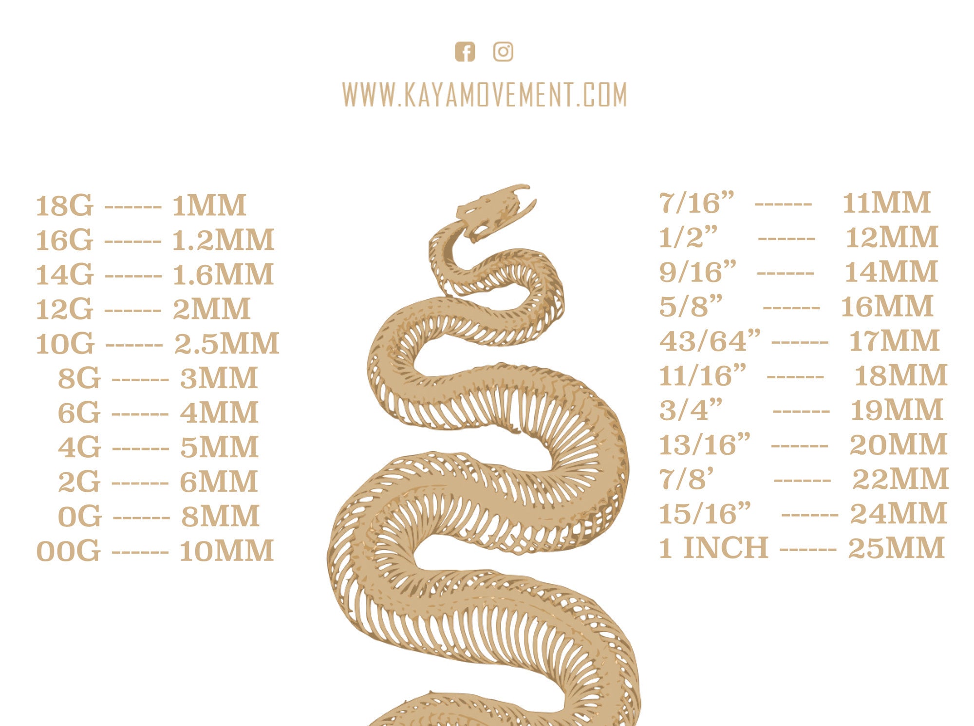 An illustration of an open-mouthed snake with visible ribs features a reference chart listing various body jewelry sizes, including gauge 6mm. Displayed at the top is the URL "www.kayamovement.com" along with Kaya Movement’s OCTAGON Minimalist Hoop Ear Weights in Gold with Clicker, designed in 2 gauge octagon geometry.